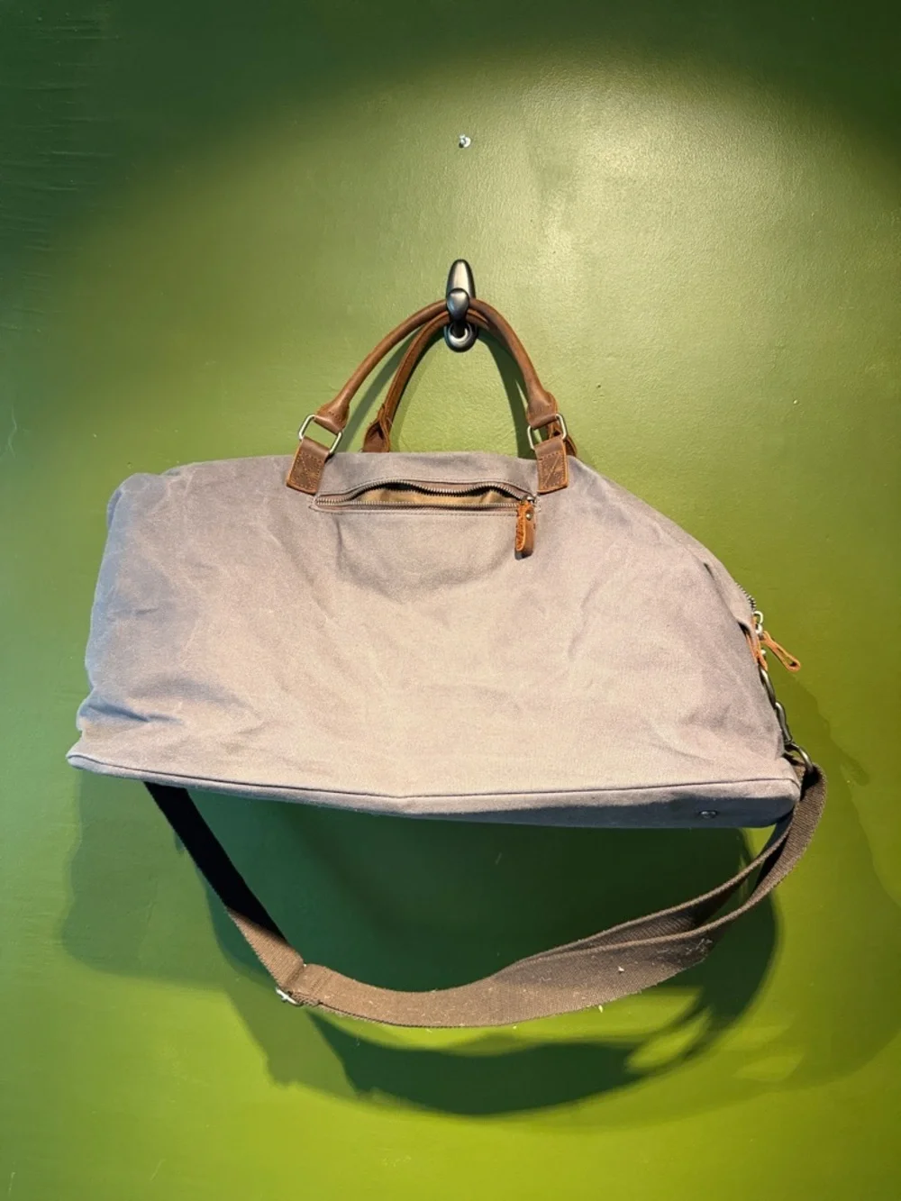 Canvas Duffel Bag with Brown Leather Trim - Gray